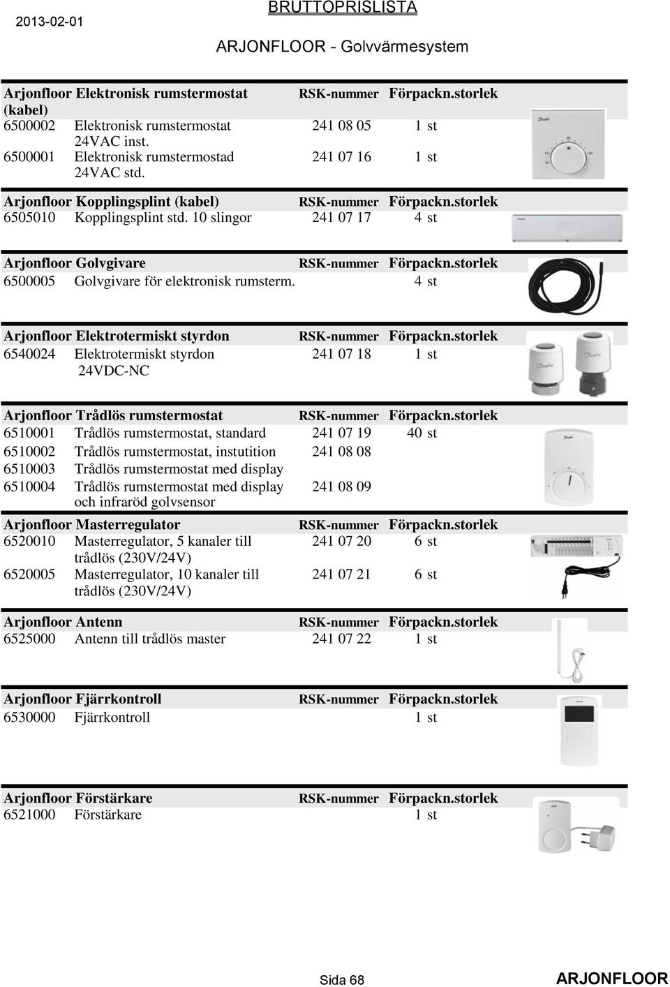 4 st Arjonfloor Elektrotermiskt styrdon 6540024 Elektrotermiskt styrdon 241 07 18 1 st 24VDC-NC Arjonfloor Trådlös rumstermostat 6510001 Trådlös rumstermostat, standard 241 07 19 40 st 6510002