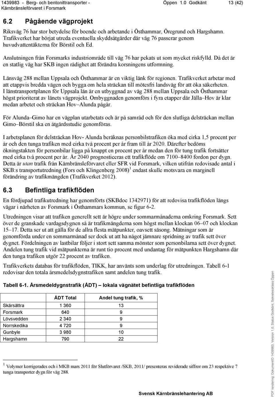 Anslutningen från Forsmarks industriområde till väg 76 har pekats ut som mycket riskfylld. Då det är en statlig väg har SKB ingen rådighet att förändra korsningens utformning.