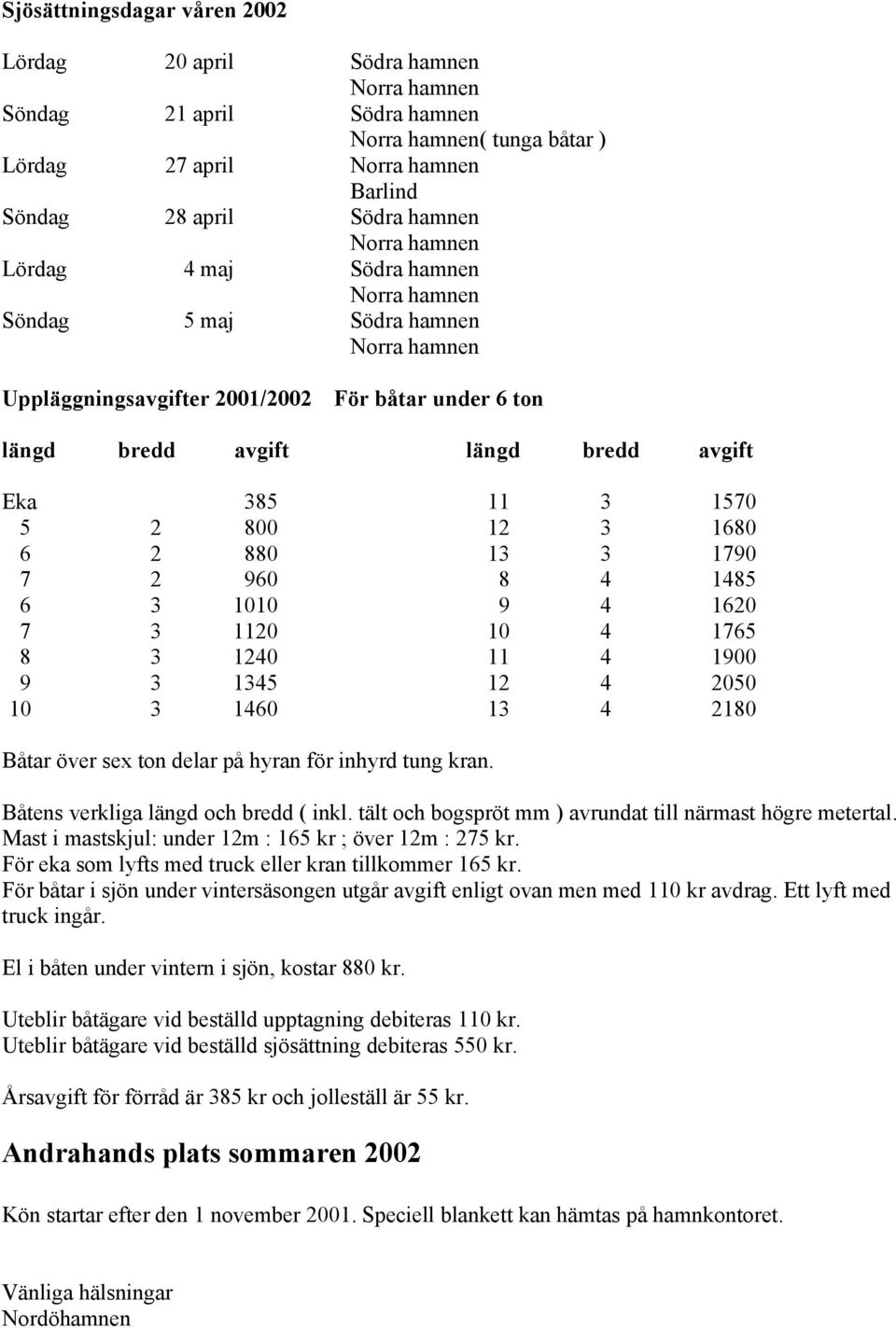 1120 10 4 1765 8 3 1240 11 4 1900 9 3 1345 12 4 2050 10 3 1460 13 4 2180 Båtar över sex ton delar på hyran för inhyrd tung kran. Båtens verkliga längd och bredd ( inkl.