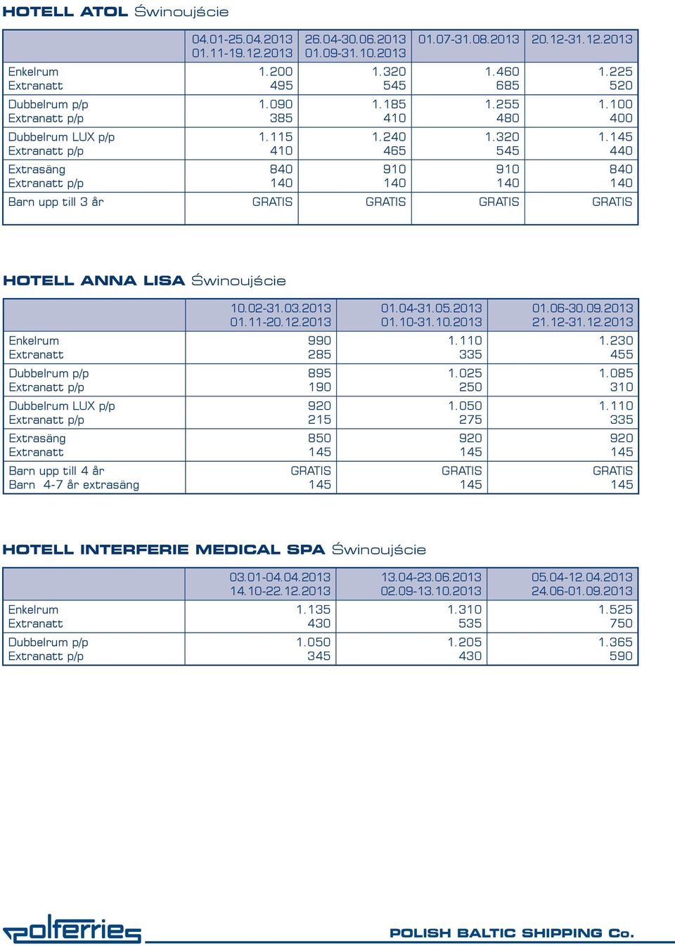 440 Barn upp till 3 år GRATIS GRATIS GRATIS GRATIS 840 140 HOTELL ANNA LISA Świnoujście Dubbelrum LUX p/p Barn upp till 4 år Barn 4-7 år extrasäng 10.02-31.03.2013 01.11-20.12.