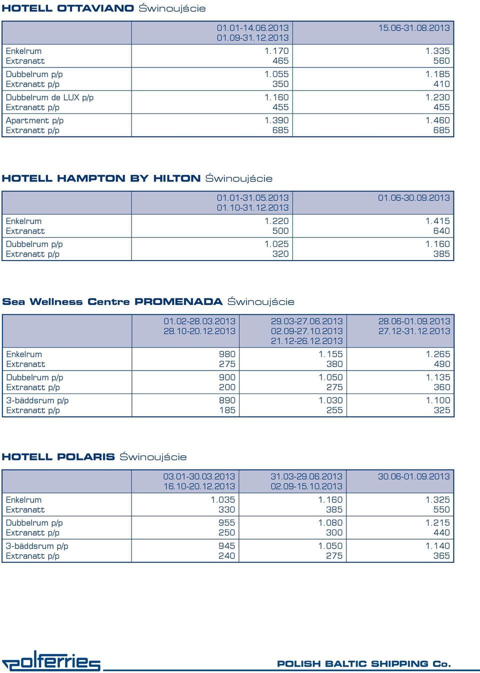 160 385 Sea Wellness Centre PROMENADA Świnoujście 3-bäddsrum p/p 01.02-28.03.2013 28.10-20.12.2013 900 200 890 185 29.03-27.06.2013 02.09-27.10.2013 21.12-26.12.2013 1.155 1.030 255 28.