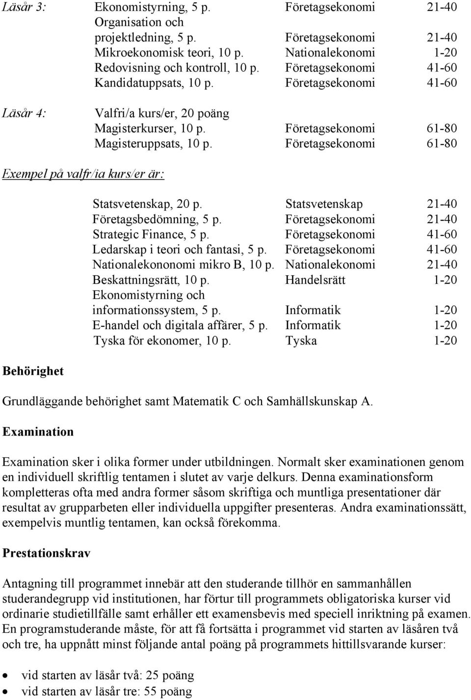 Företagsekonomi 61-80 Exempel på valfr/ia kurs/er är: Behörighet Statsvetenskap, 20 p. Statsvetenskap 21-40 Företagsbedömning, 5 p. Företagsekonomi 21-40 Strategic Finance, 5 p.