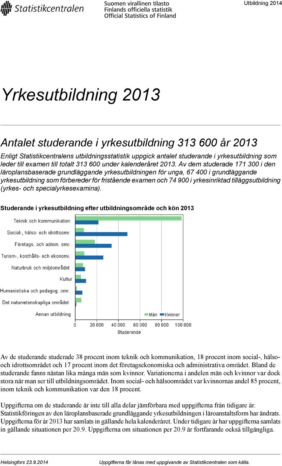 Av dem studerade 171 300 i den läroplansbaserade grundläggande en för unga, 67 400 i grundläggande som och 74 900 i yrkesinriktad tilläggsutbildning (yrkes- och specialyrkesexamina).