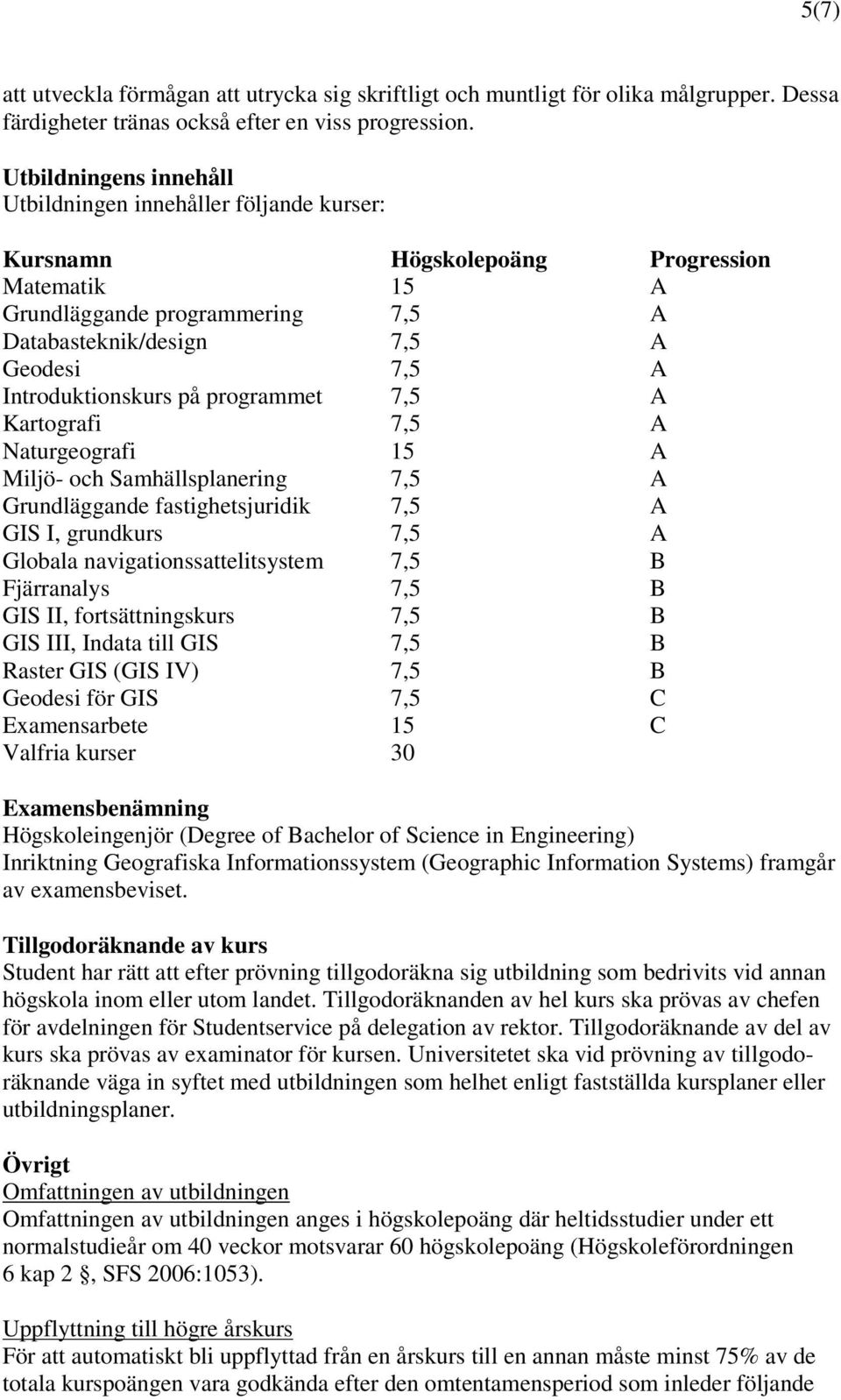 Introduktionskurs på programmet 7,5 A Kartografi 7,5 A Naturgeografi 15 A Miljö- och Samhällsplanering 7,5 A Grundläggande fastighetsjuridik 7,5 A GIS I, grundkurs 7,5 A Globala