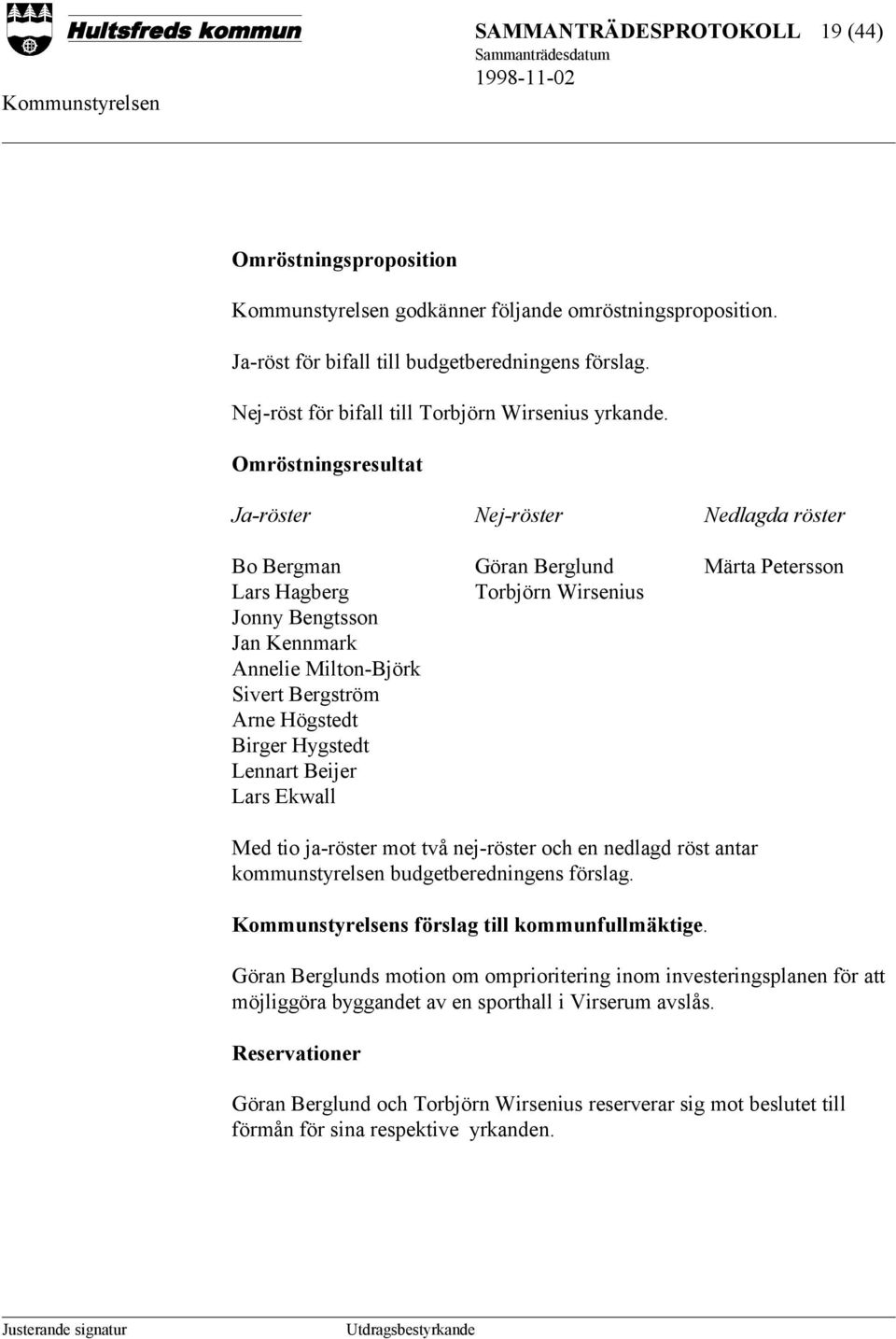 Omröstningsresultat Ja-röster Nej-röster Nedlagda röster Bo Bergman Göran Berglund Märta Petersson Lars Hagberg Torbjörn Wirsenius Jonny Bengtsson Jan Kennmark Annelie Milton-Björk Sivert Bergström