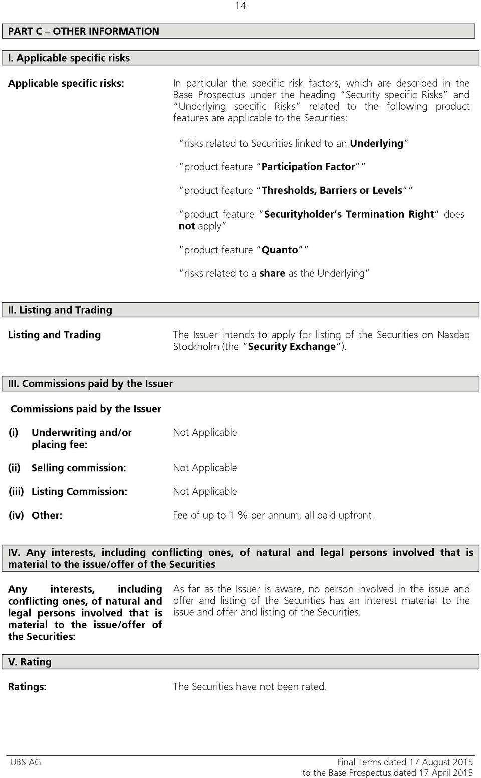 specific Risks related to the following product features are applicable to the Securities: risks related to Securities linked to an Underlying product feature Participation Factor product feature