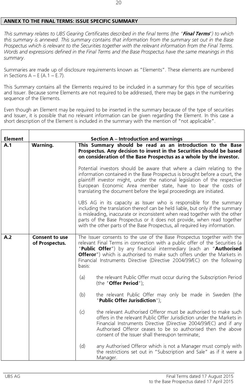 Words and expressions defined in the Final Terms and the Base Prospectus have the same meanings in this summary. Summaries are made up of disclosure requirements known as Elements.