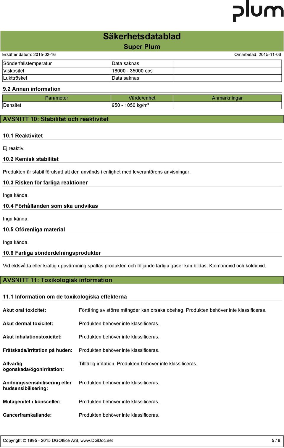 10.5 Oförenliga material Inga kända. 10.6 Farliga sönderdelningsprodukter Vid eldsvåda eller kraftig uppvärmning spaltas produkten och följande farliga gaser kan bildas: Kolmonoxid och koldioxid.