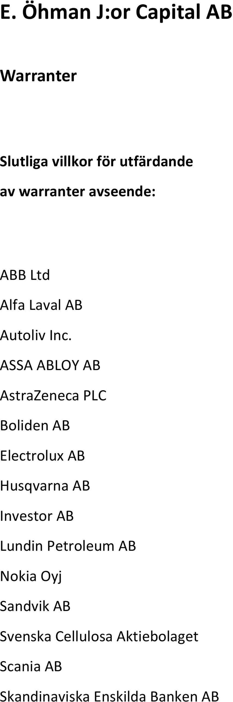 ASSA ABLOY AB AstraZeneca PLC Boliden AB Electrolux AB Husqvarna AB Investor AB