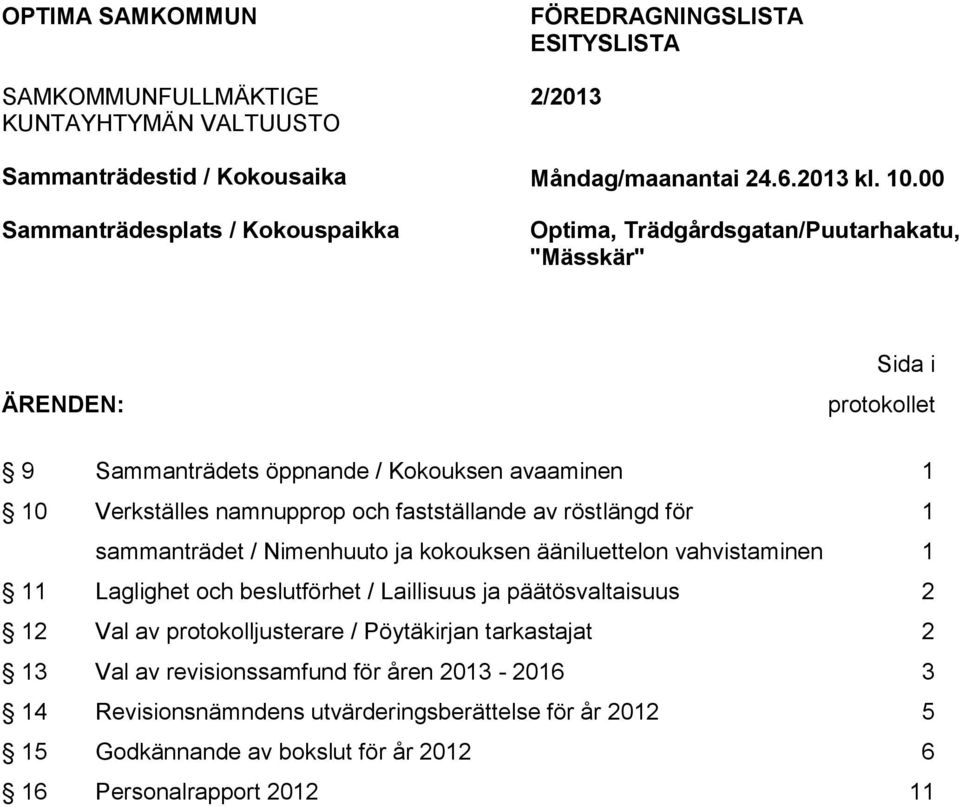 röstlängd för 1 sammanträdet / Nimenhuuto ja kokouksen ääniluettelon vahvistaminen 1 11 Laglighet och beslutförhet / Laillisuus ja päätösvaltaisuus 2 12 Val av