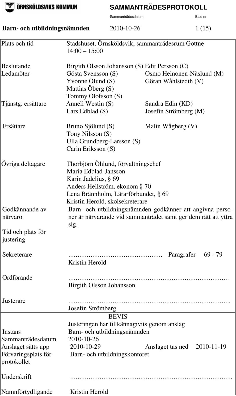 ersättare Anneli Westin (S) Sandra Edin (KD) Lars Edblad (S) Josefin Strömberg (M) Ersättare Bruno Sjölund (S) Malin Wågberg (V) Tony Nilsson (S) Ulla Grundberg-Larsson (S) Carin Eriksson (S) Övriga