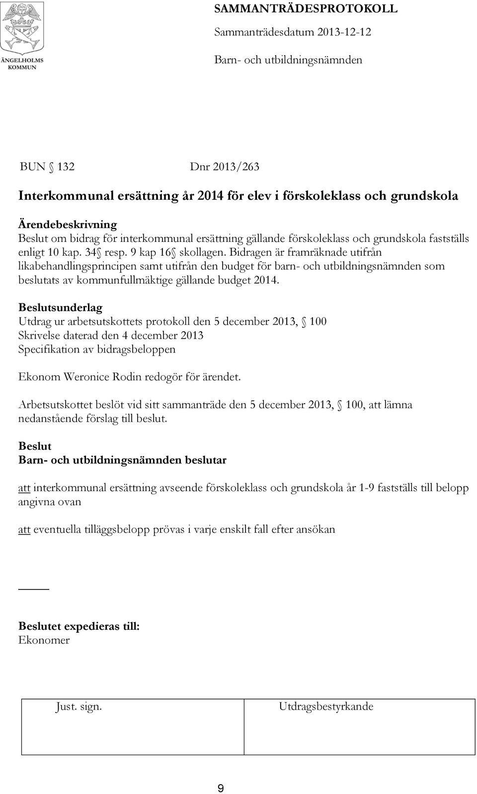 Bidragen är framräknade utifrån likabehandlingsprincipen samt utifrån den budget för barn- och utbildningsnämnden som beslutats av kommunfullmäktige gällande budget 2014.