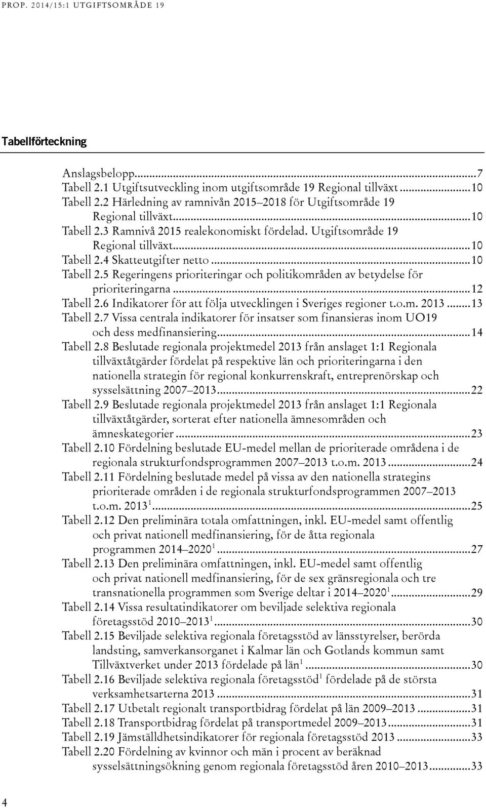 .. 12 Tabell 2.6 Indikatorer för att följa utvecklingen i Sveriges regioner t.o.m. 2013... 13 Tabell 2.7 Vissa centrala indikatorer för insatser som finansieras inom UO19 och dess medfinansiering.