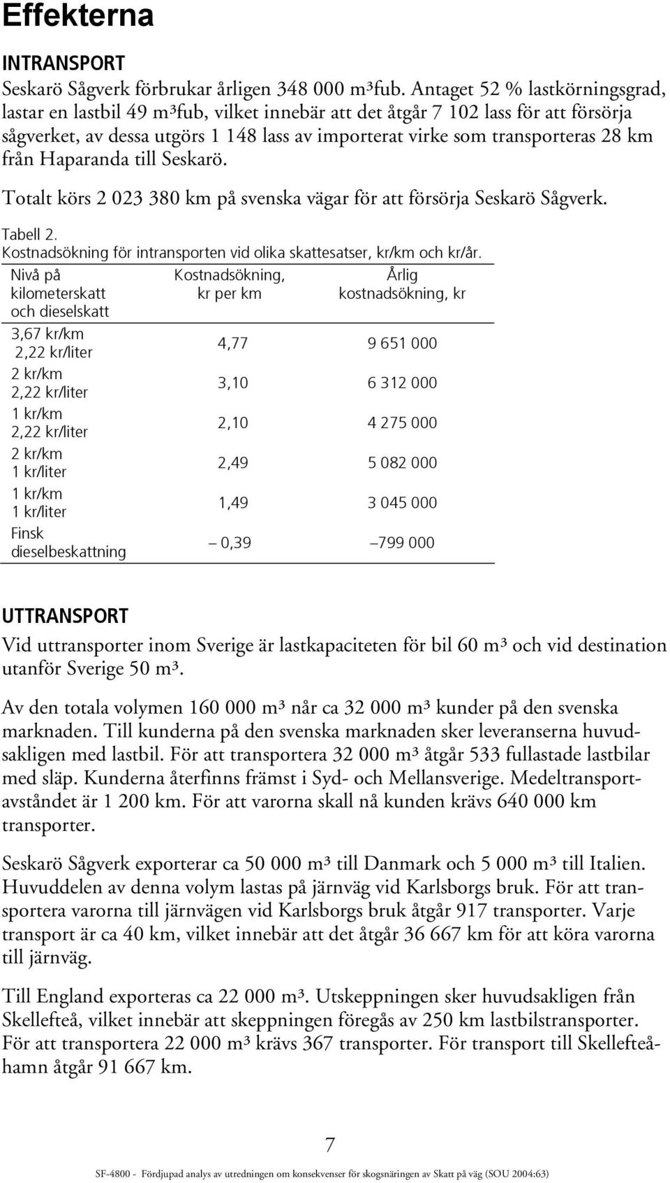 från Haparanda till Seskarö. Totalt körs 2 023 380 km på svenska vägar för att försörja Seskarö Sågverk. Tabell 2. Kostnadsökning för intransporten vid olika skattesatser, kr/km och kr/år.