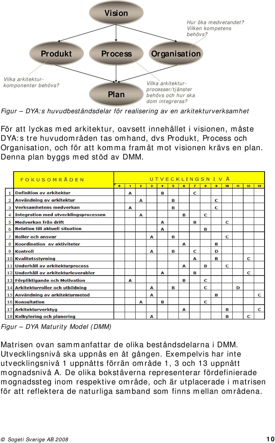 och Organisation, och för att komma framåt mot visionen krävs en plan. Denna plan byggs med stöd av DMM. Figur DYA Maturity Model (DMM) Matrisen ovan sammanfattar de olika beståndsdelarna i DMM.