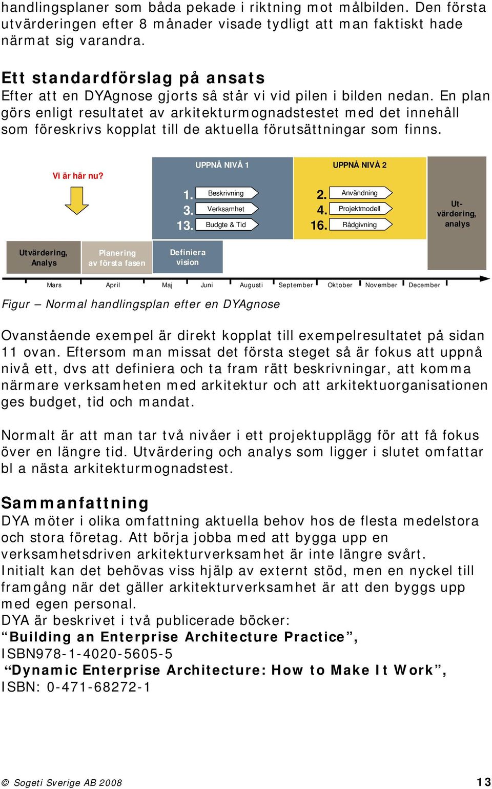 En plan görs enligt resultatet av arkitekturmognadstestet med det innehåll som föreskrivs kopplat till de aktuella förutsättningar som finns. Vi är här nu? UPPNÅ NIVÅ 1 UPPNÅNIVÅ2 1. 3. 13.