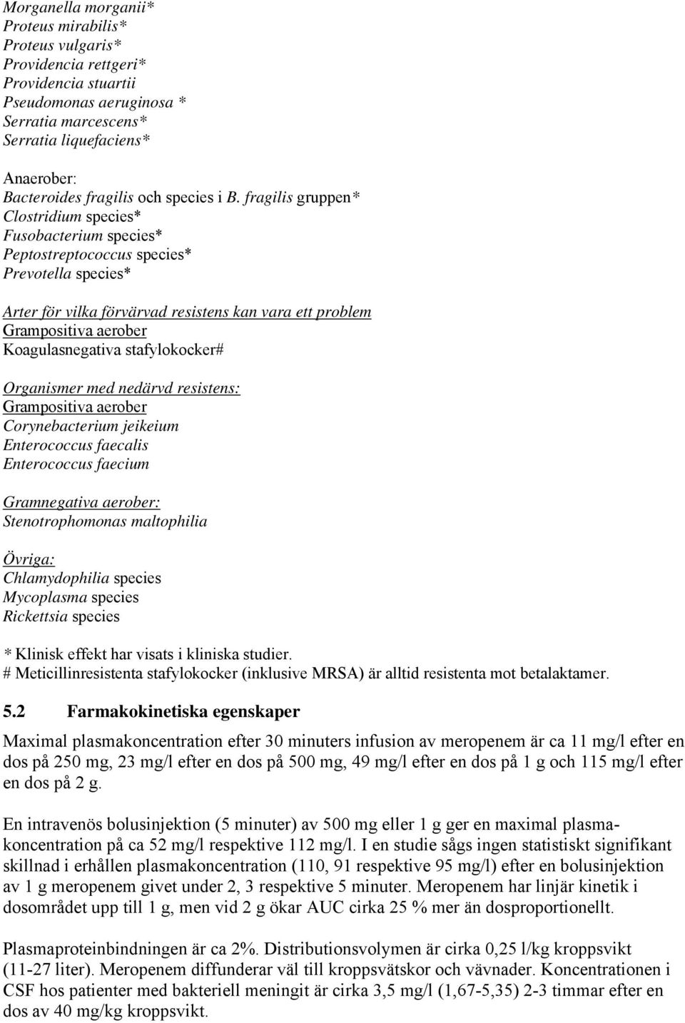 fragilis gruppen* Clostridium species* Fusobacterium species* Peptostreptococcus species* Prevotella species* Arter för vilka förvärvad resistens kan vara ett problem Grampositiva aerober