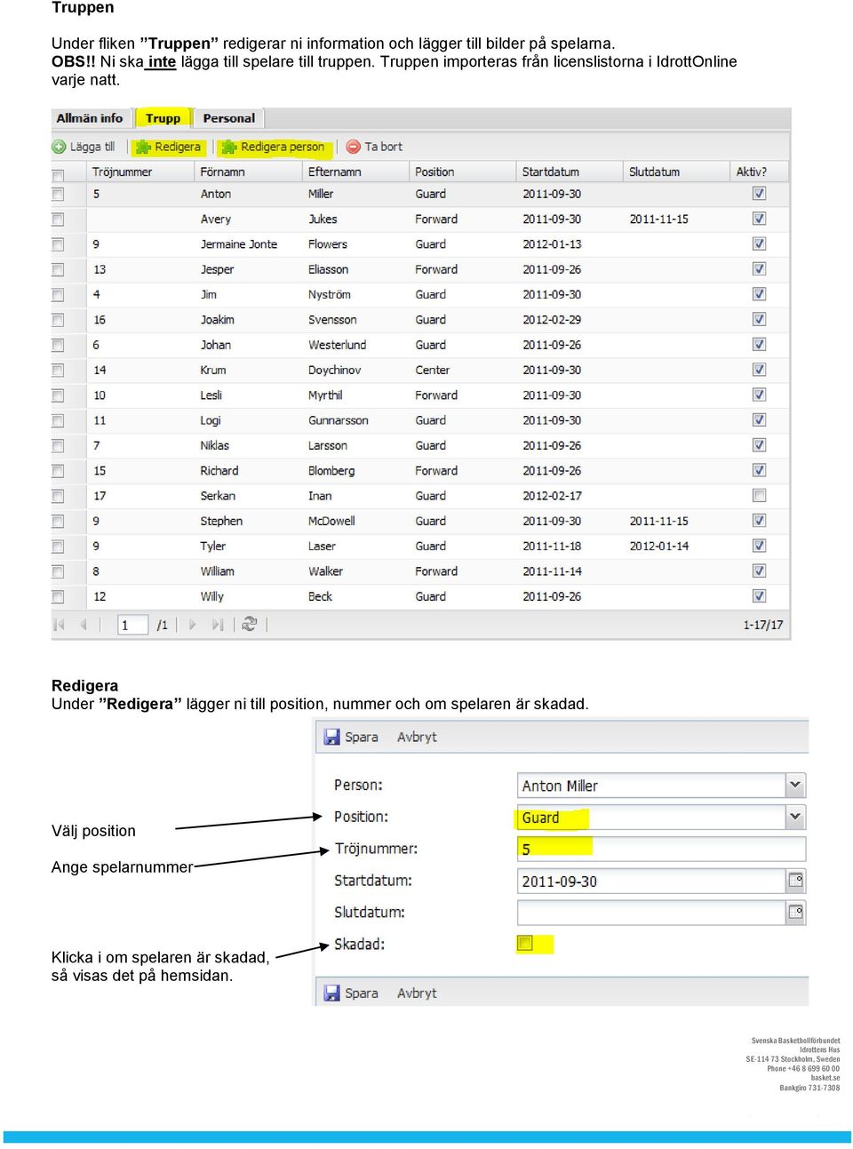 Truppen importeras från licenslistorna i IdrottOnline varje natt.