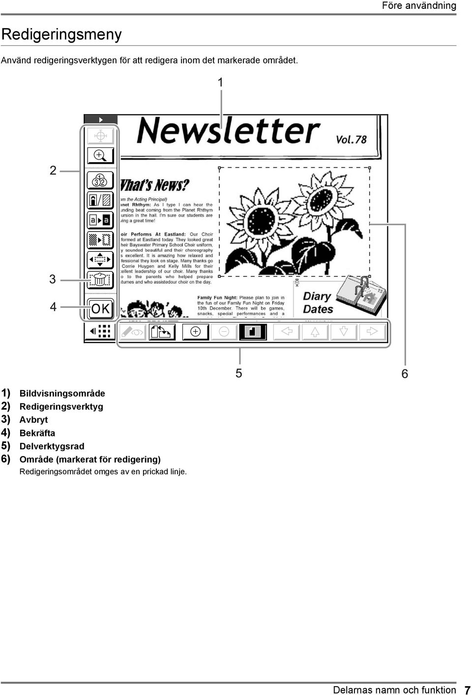 3 1 2 1) Bildvisningsområde 2) Redigeringsverktyg 3) Avbryt 4) Bekräfta 5)