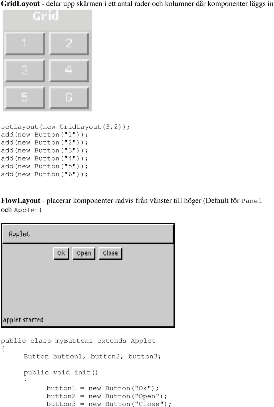 FlowLayout - placerar komponenter radvis från vänster till höger (Default för Panel och Applet) public class mybuttons extends