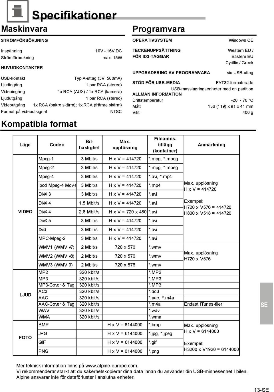 (främre skärm) Format på videoutsignal NTSC Kompatibla format TECKENUPPSÄTTNING Western EU / FÖR ID3-TAGGAR Eastern EU Cyrillic / Greek UPPGRADERING AV PROGRAMVARA via USB-uttag STÖD FÖR USB-MEDIA