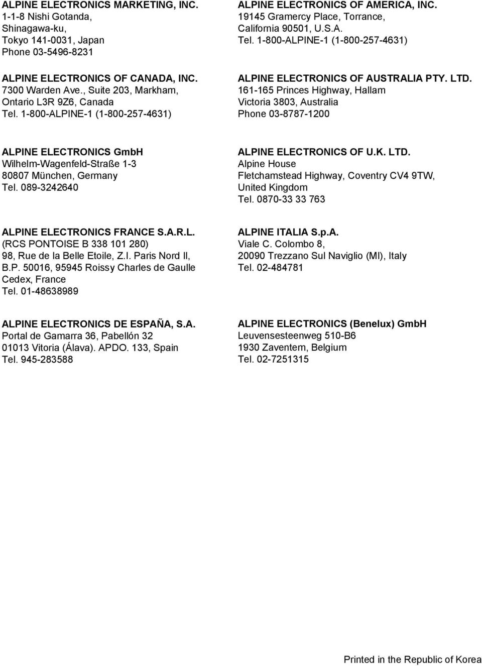 LTD. 161-165 Princes Highway, Hallam Victoria 3803, Australia Phone 03-8787-1200 ALPINE ELECTRONICS GmbH Wilhelm-Wagenfeld-Straße 1-3 80807 München, Germany Tel. 089-3242640 ALPINE ELECTRONICS OF U.K.