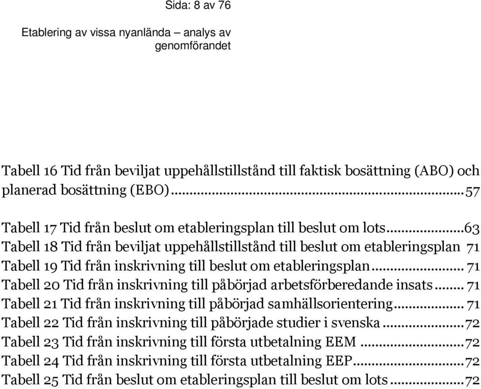 .. 71 Tabell 20 Tid från inskrivning till påbörjad arbetsförberedande insats... 71 Tabell 21 Tid från inskrivning till påbörjad samhällsorientering.