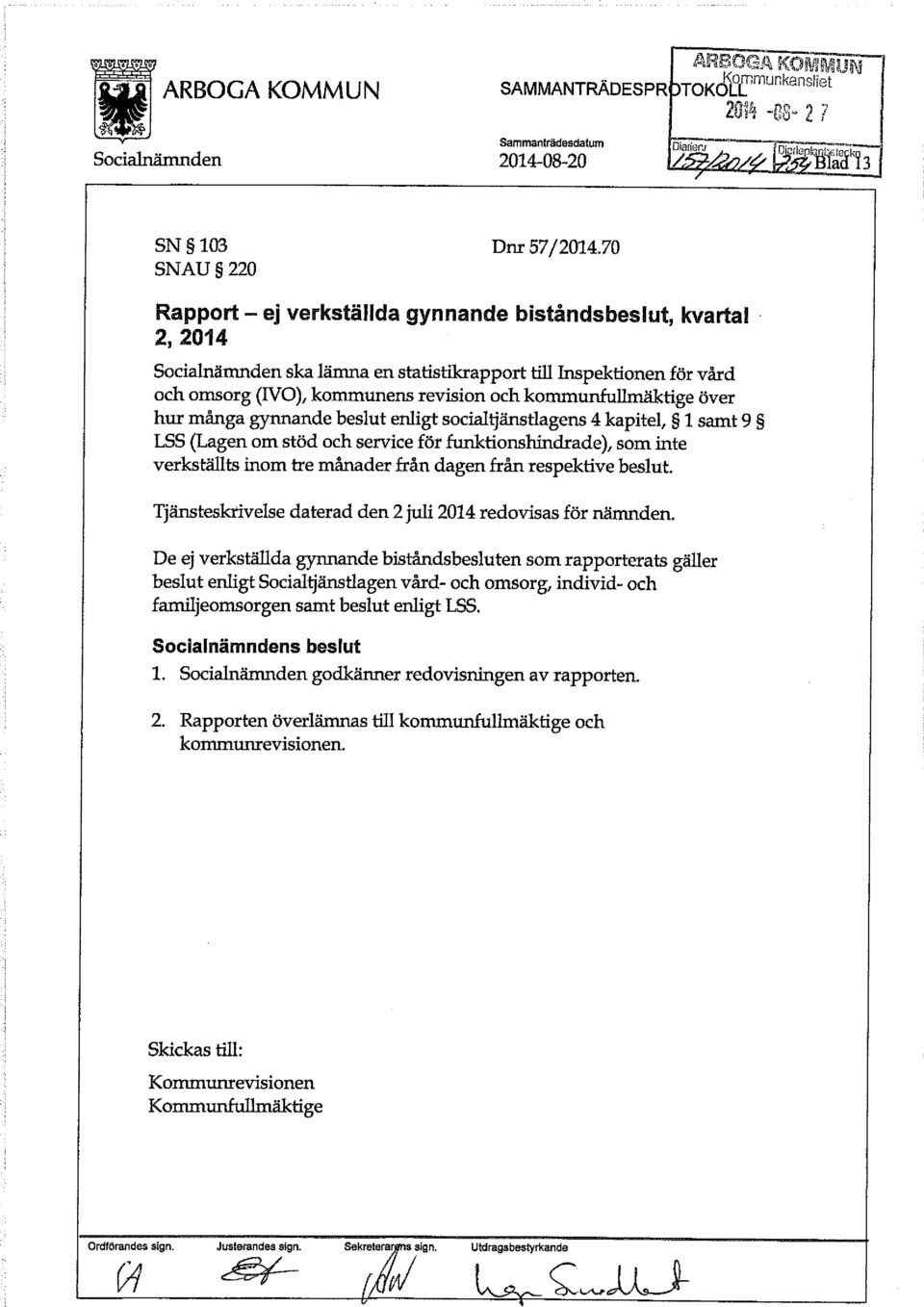 över hur många gynnande beslut enligt socialtjänstlagens 4 kapitel, 1 samt 9 LSS (Lagen om stöd och service för funktionshindrade), som inte verkställts inom tre månader från dagen från respektive