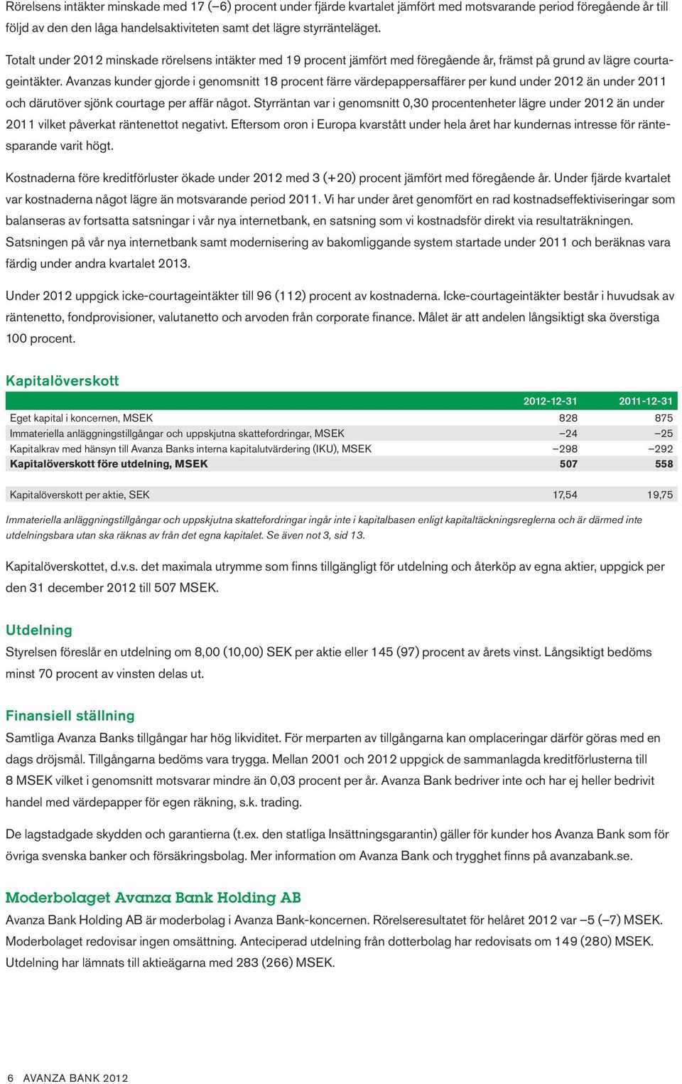 Avanzas kunder gjorde i genomsnitt 18 procent färre värdepappersaffärer per kund under 2012 än under 2011 och därutöver sjönk courtage per affär något.