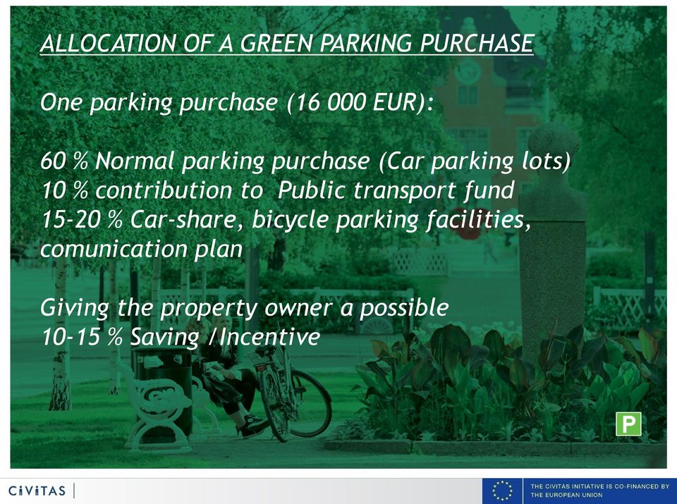 Public transport fund 15-20 % Car-share, bicycle parking facilities,