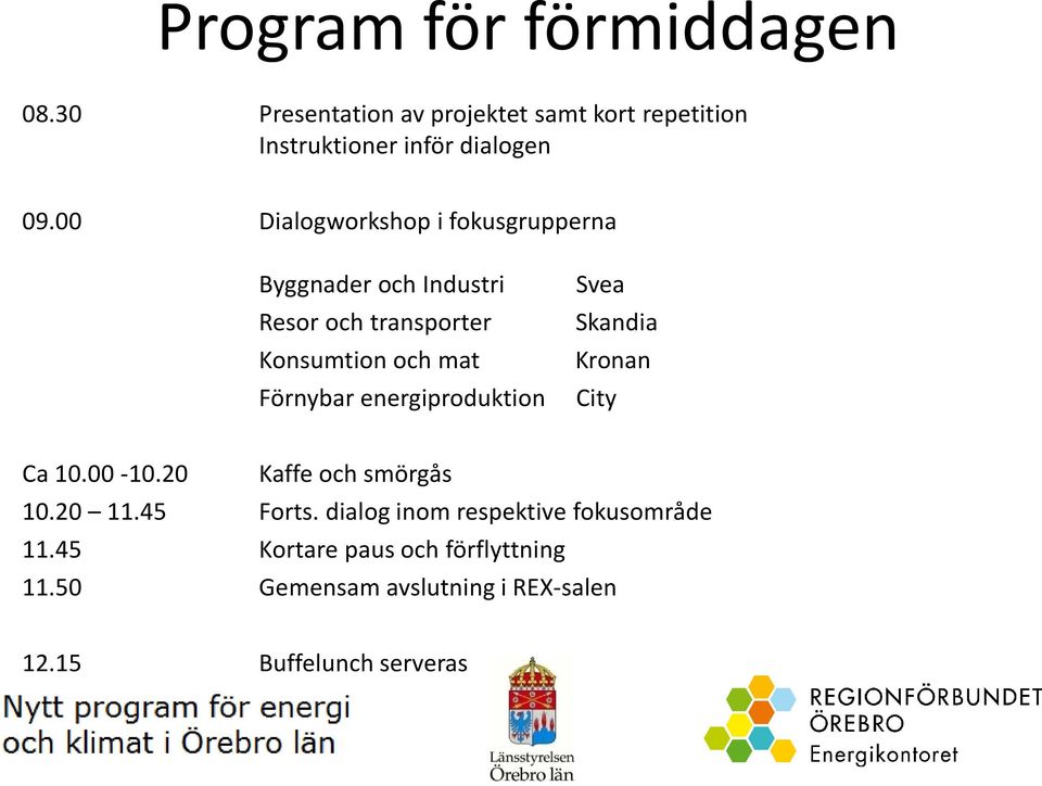 Kronan Förnybar energiproduktion City Ca 10.00-10.20 Kaffe och smörgås 10.20 11.45 Forts.