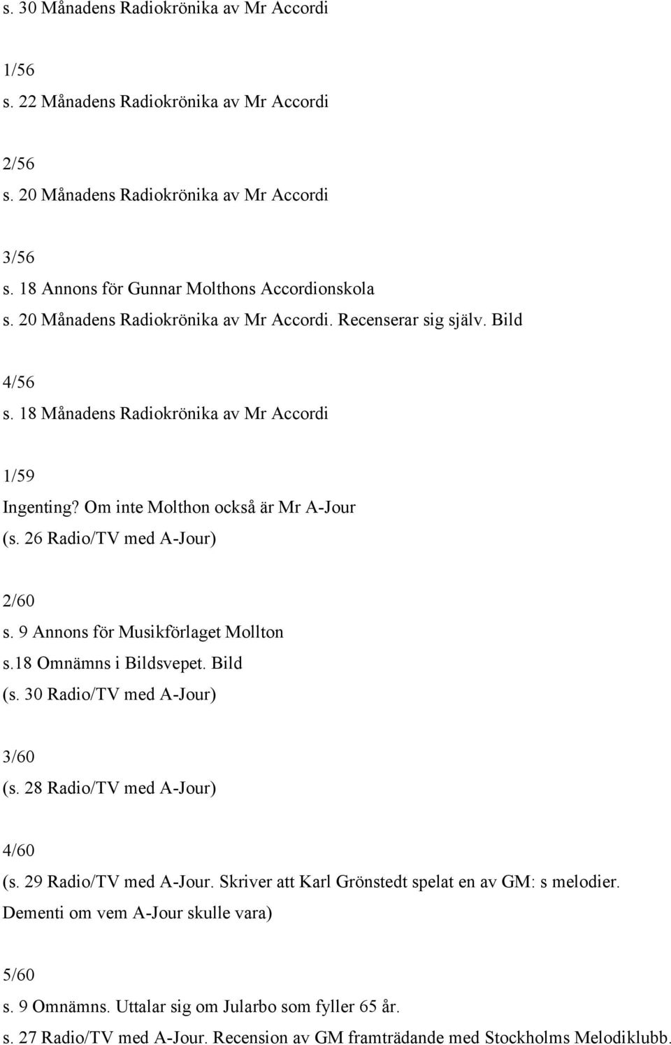 26 Radio/TV med A-Jour) 2/60 s. 9 Annons för Musikförlaget Mollton s.18 Omnämns i Bildsvepet. Bild (s. 30 Radio/TV med A-Jour) 3/60 (s. 28 Radio/TV med A-Jour) 4/60 (s. 29 Radio/TV med A-Jour.