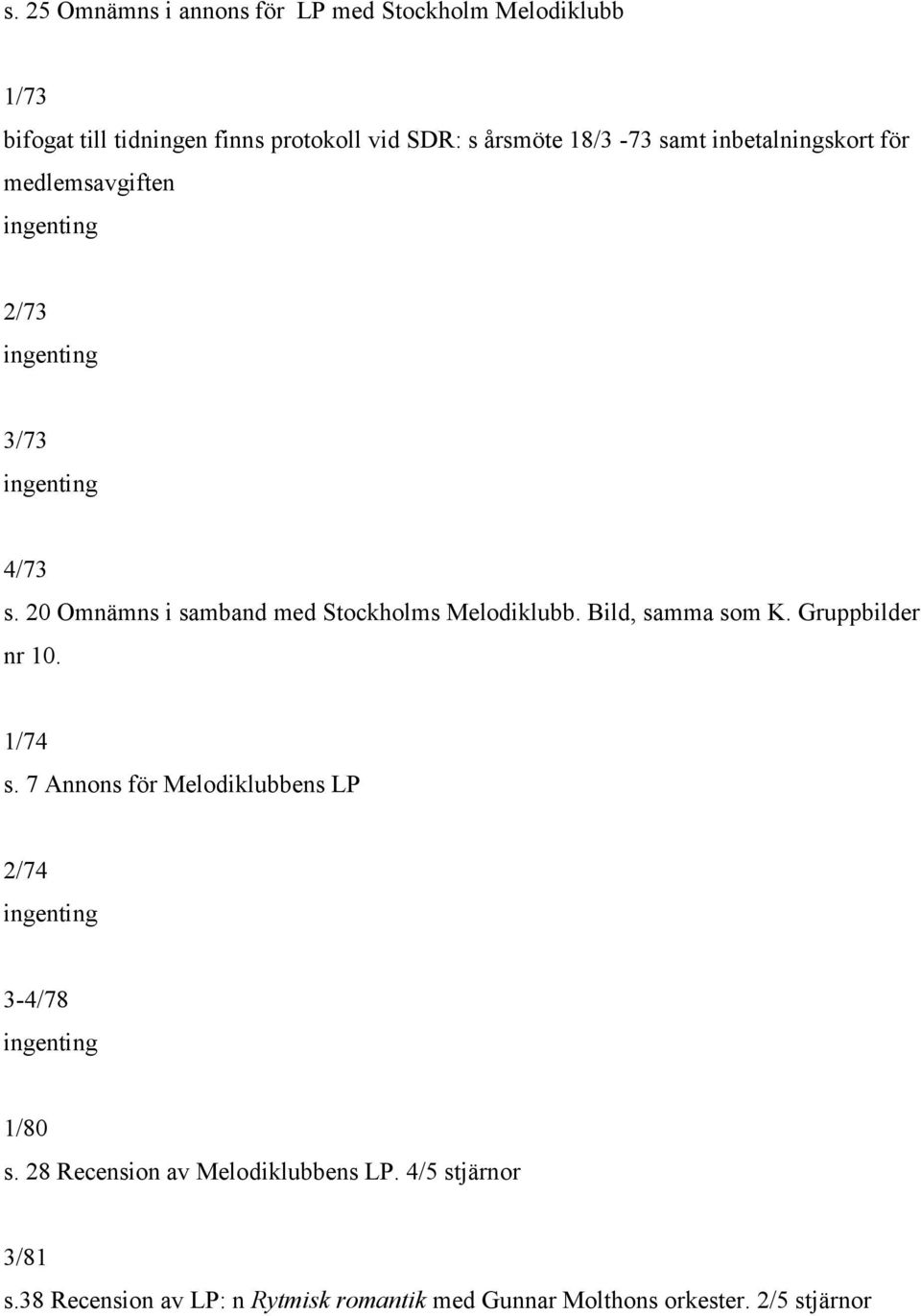 20 Omnämns i samband med Stockholms Melodiklubb. Bild, samma som K. Gruppbilder nr 10. 1/74 s.