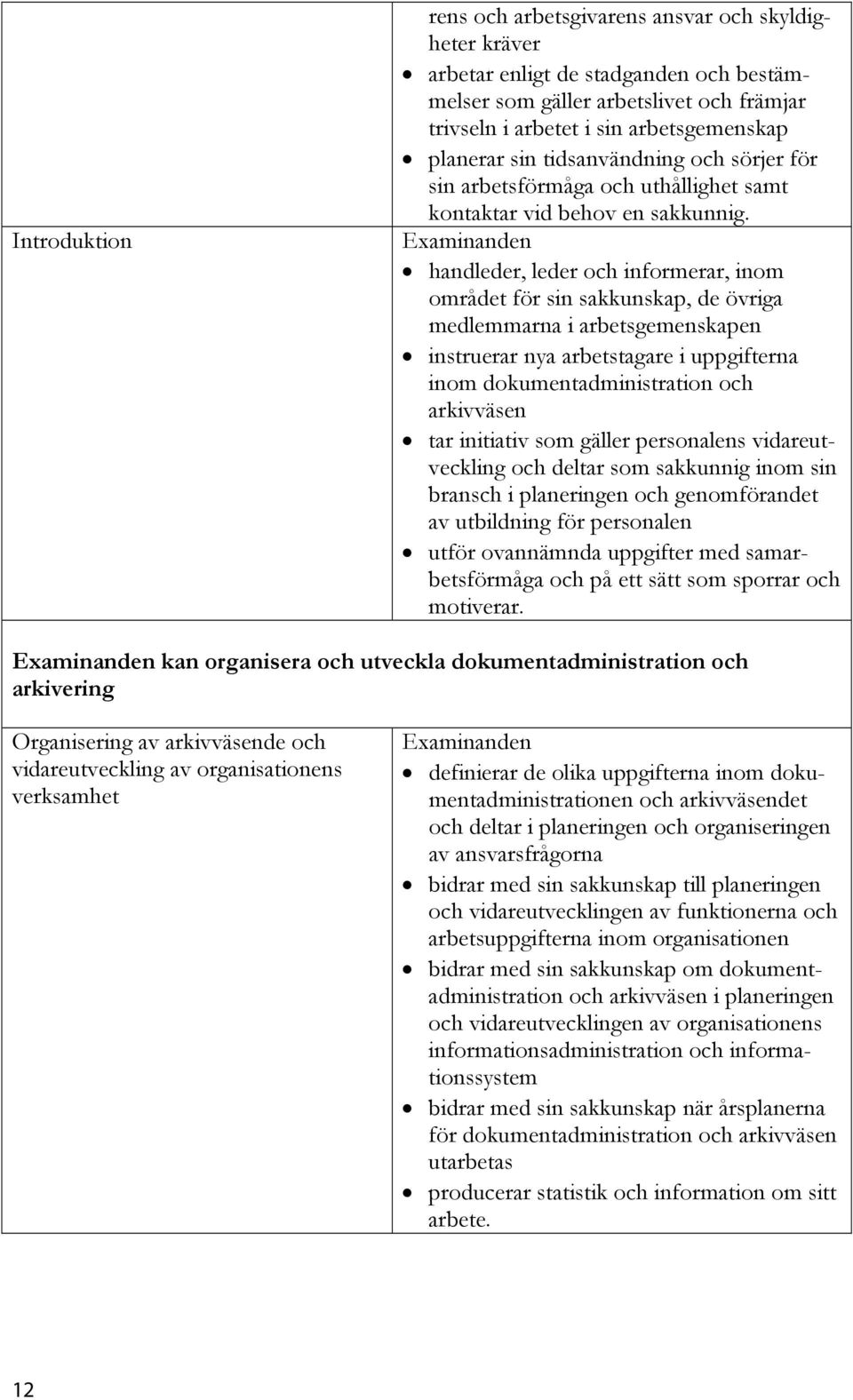 handleder, leder och informerar, inom området för sin sakkunskap, de övriga medlemmarna i arbetsgemenskapen instruerar nya arbetstagare i uppgifterna inom dokumentadministration och arkivväsen tar