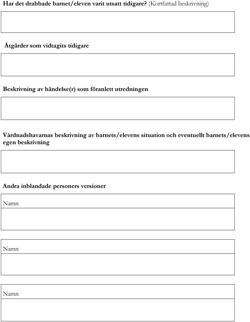 händelse(r) som föranlett utredningen Vårdnadshavarnas beskrivning av