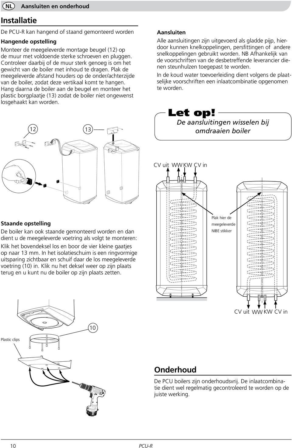 Plak de meegeleverde afstand houders op de onder/achterzijde van de boiler, zodat deze vertikaal komt te hangen.