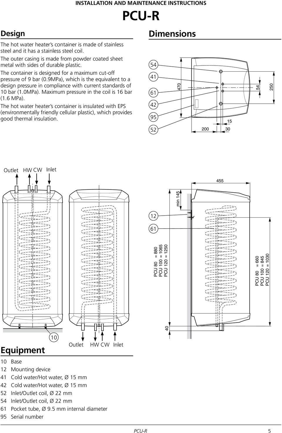 9MPa), which is the equivalent to a design pressure in compliance with current standards of 1 bar (1.MPa). Maximum pressure in the coil is 16 bar (1.6 MPa).