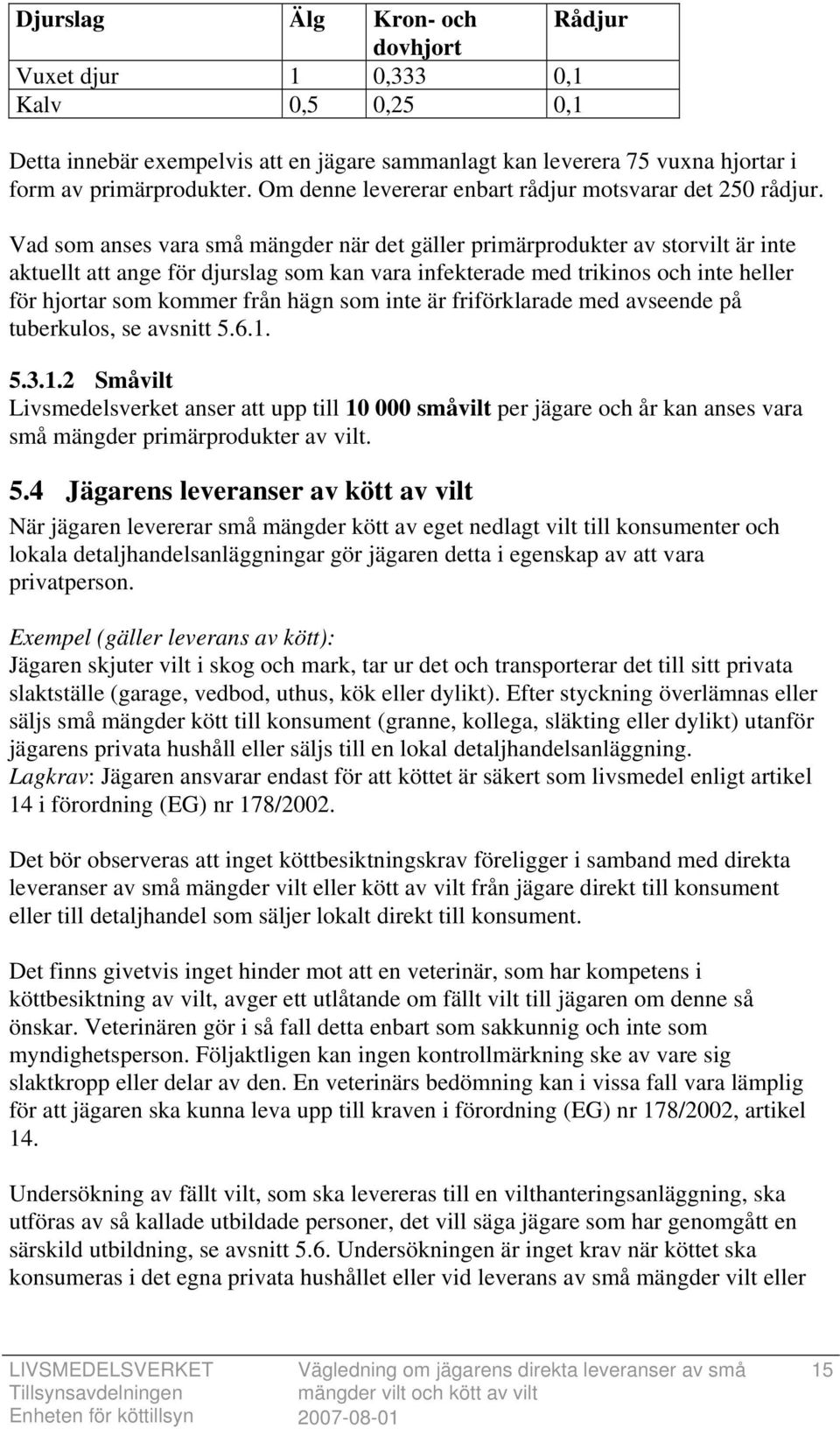 Vad som anses vara små mängder när det gäller primärprodukter av storvilt är inte aktuellt att ange för djurslag som kan vara infekterade med trikinos och inte heller för hjortar som kommer från hägn