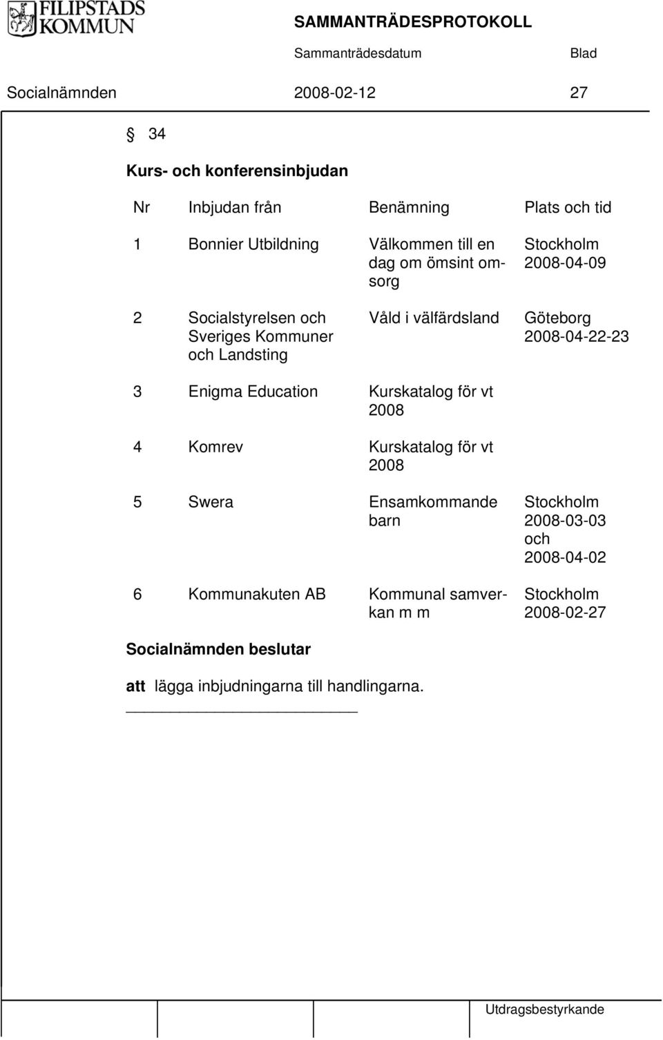 2008-04-22-23 3 Enigma Education Kurskatalog för vt 2008 4 Komrev Kurskatalog för vt 2008 5 Swera Ensamkommande barn Stockholm