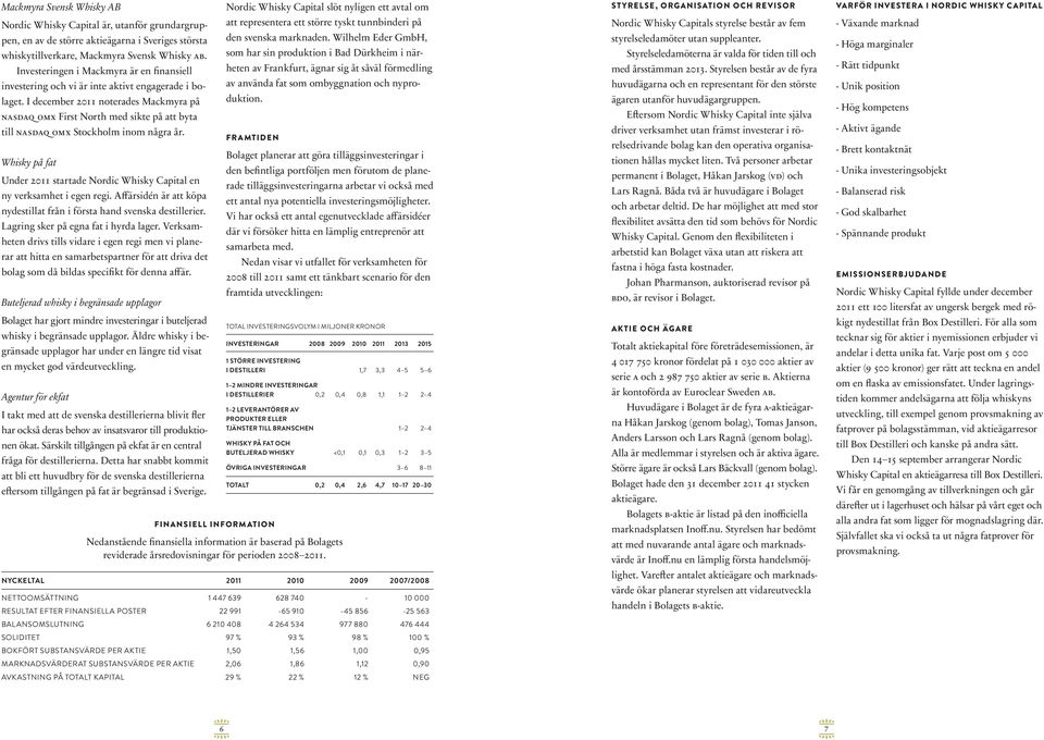 I december 2011 noterades Mackmyra på nasdaq omx First North med sikte på att byta till nasdaq omx Stockholm inom några år.