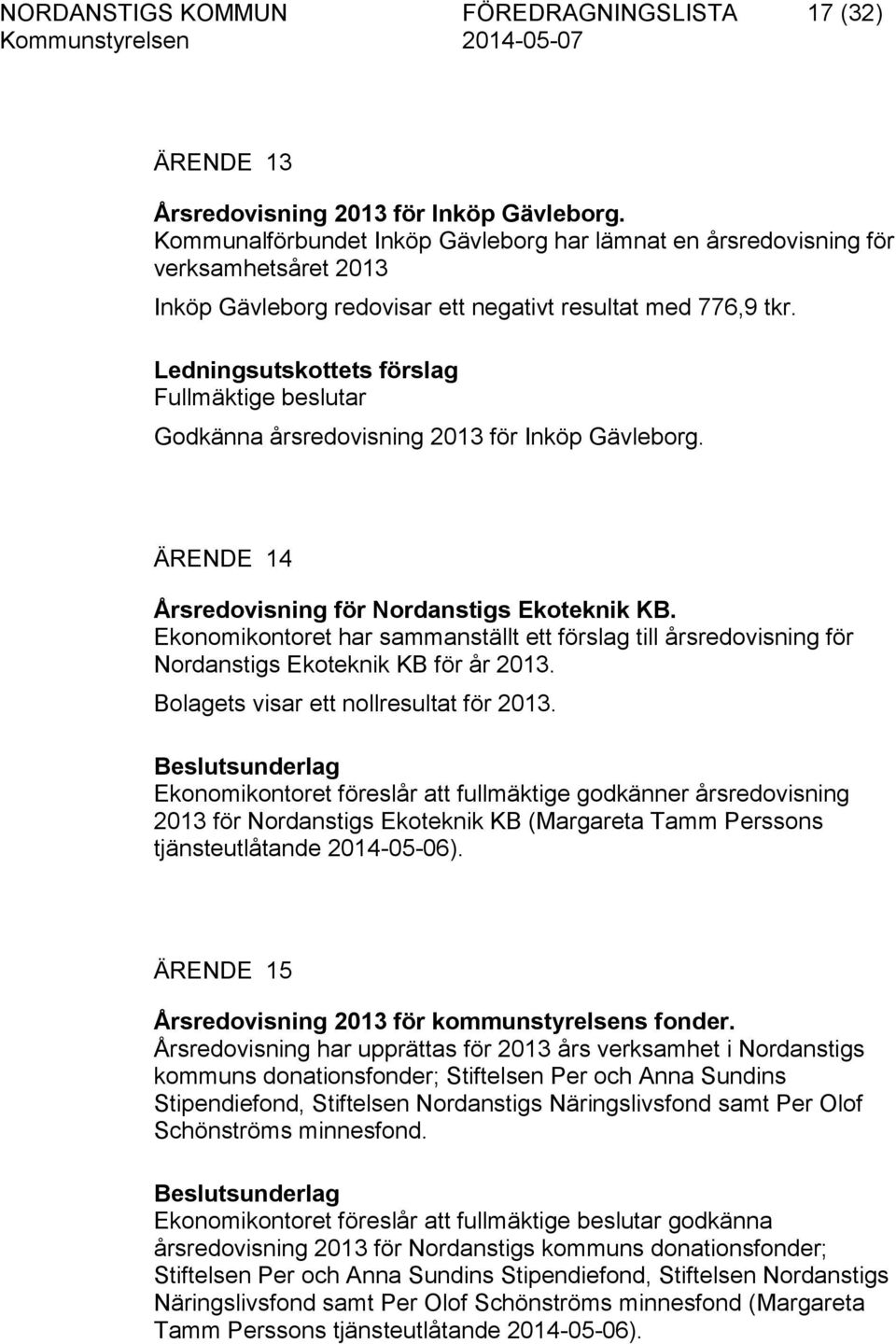 Fullmäktige beslutar Godkänna årsredovisning 2013 för Inköp Gävleborg. ÄRENDE 14 Årsredovisning för Nordanstigs Ekoteknik KB.