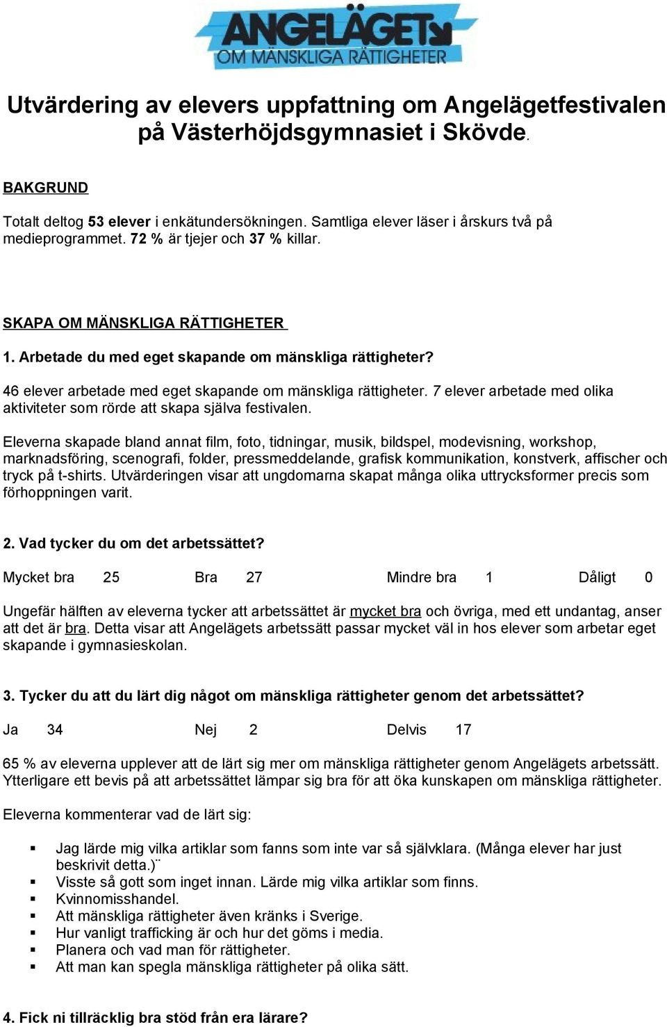 46 elever arbetade med eget skapande om mänskliga rättigheter. 7 elever arbetade med olika aktiviteter som rörde att skapa själva festivalen.