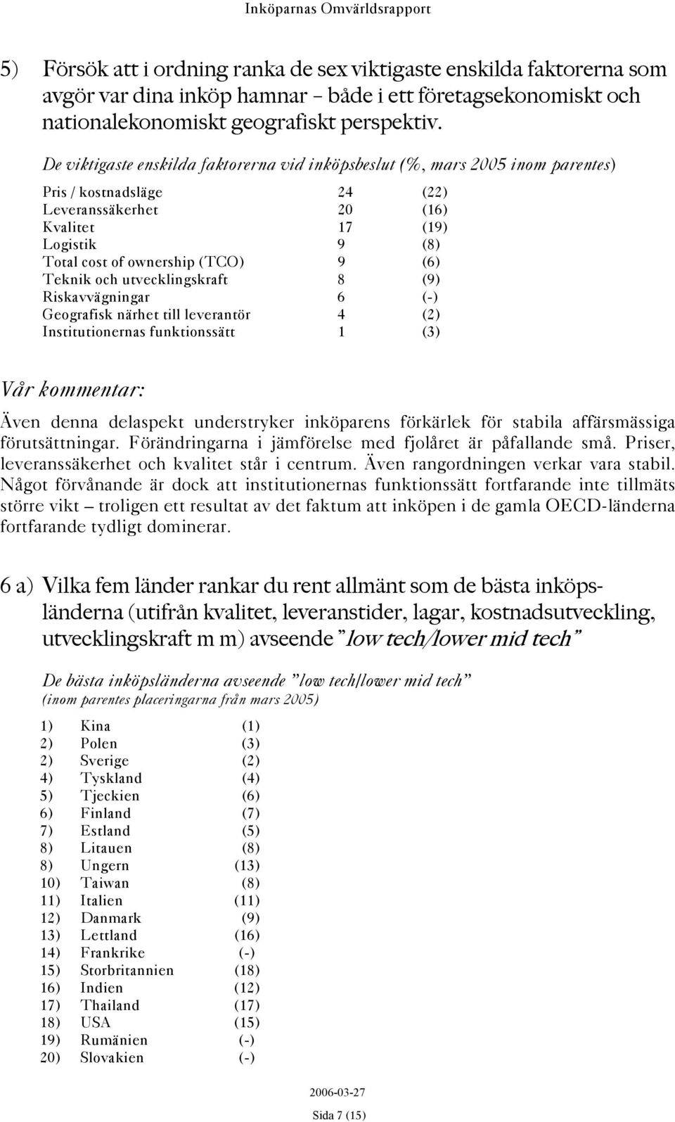 (6) Teknik och utvecklingskraft 8 (9) Riskavvägningar 6 (-) Geografisk närhet till leverantör 4 (2) Institutionernas funktionssätt 1 (3) Även denna delaspekt understryker inköparens förkärlek för