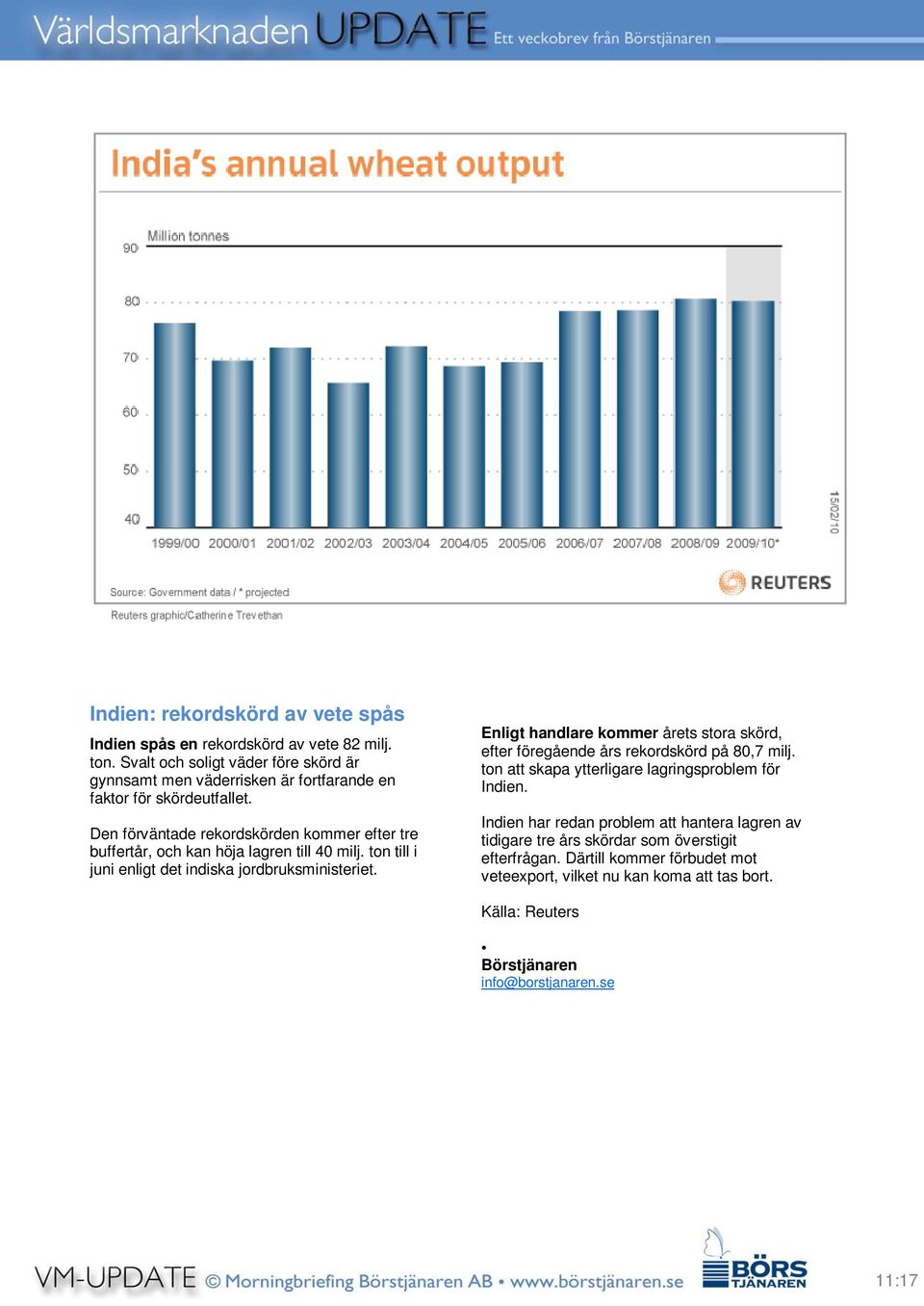 Den förväntade rekordskörden kommer efter tre buffertår, och kan höja lagren till 40 milj. ton till i juni enligt det indiska jordbruksministeriet.