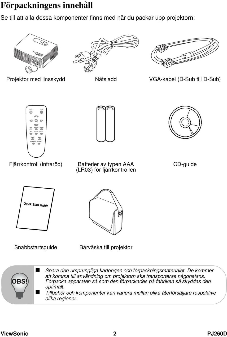 kartongen och förpackningsmaterialet. De kommer att komma till användning om projektorn ska transporteras någonstans.