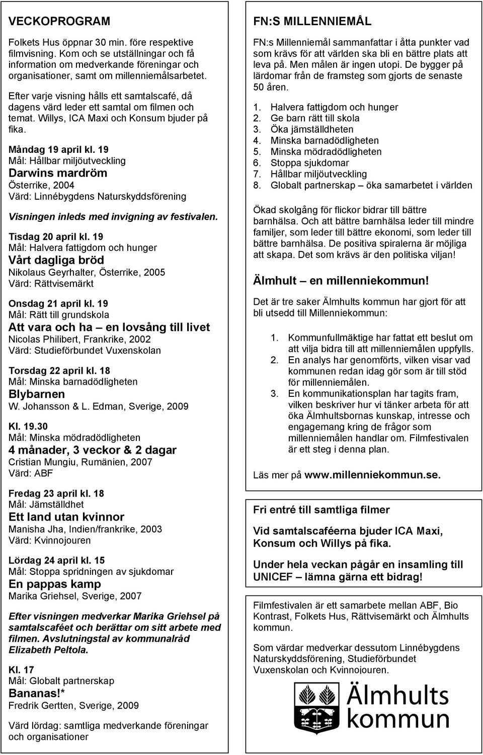 19 Mål: Hållbar miljöutveckling Darwins mardröm Österrike, 2004 Värd: Linnébygdens Naturskyddsförening Visningen inleds med invigning av festivalen. Tisdag 20 april kl.