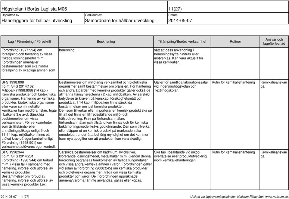 ) Kemiska produkter och biotekniska organismer. Hantering av kemiska produkter, biotekniska organismer eller varor som innehåller kemikalier kan medföra risker.