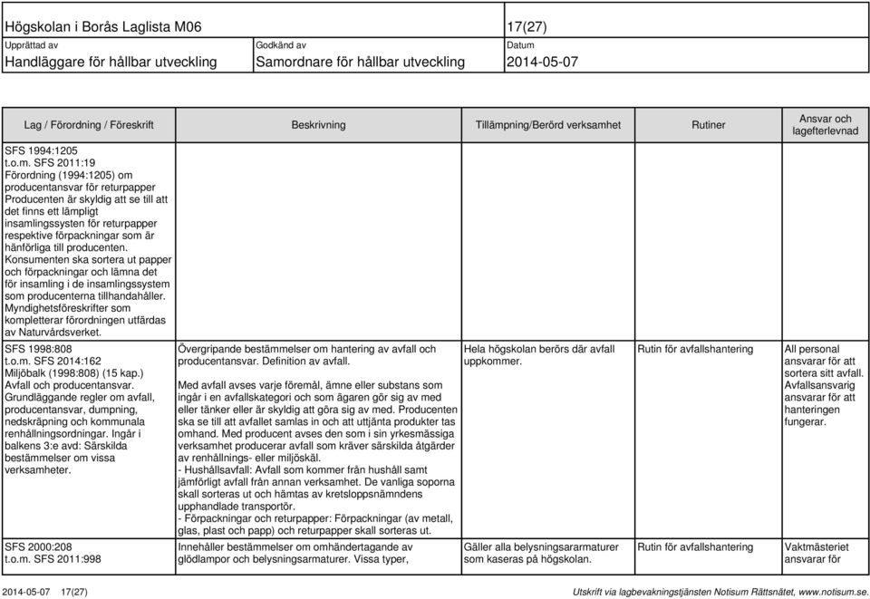 SFS 2011:19 Förordning (1994:1205) om producentansvar för returpapper Producenten är skyldig att se till att det finns ett lämpligt insamlingssysten för returpapper respektive förpackningar som är