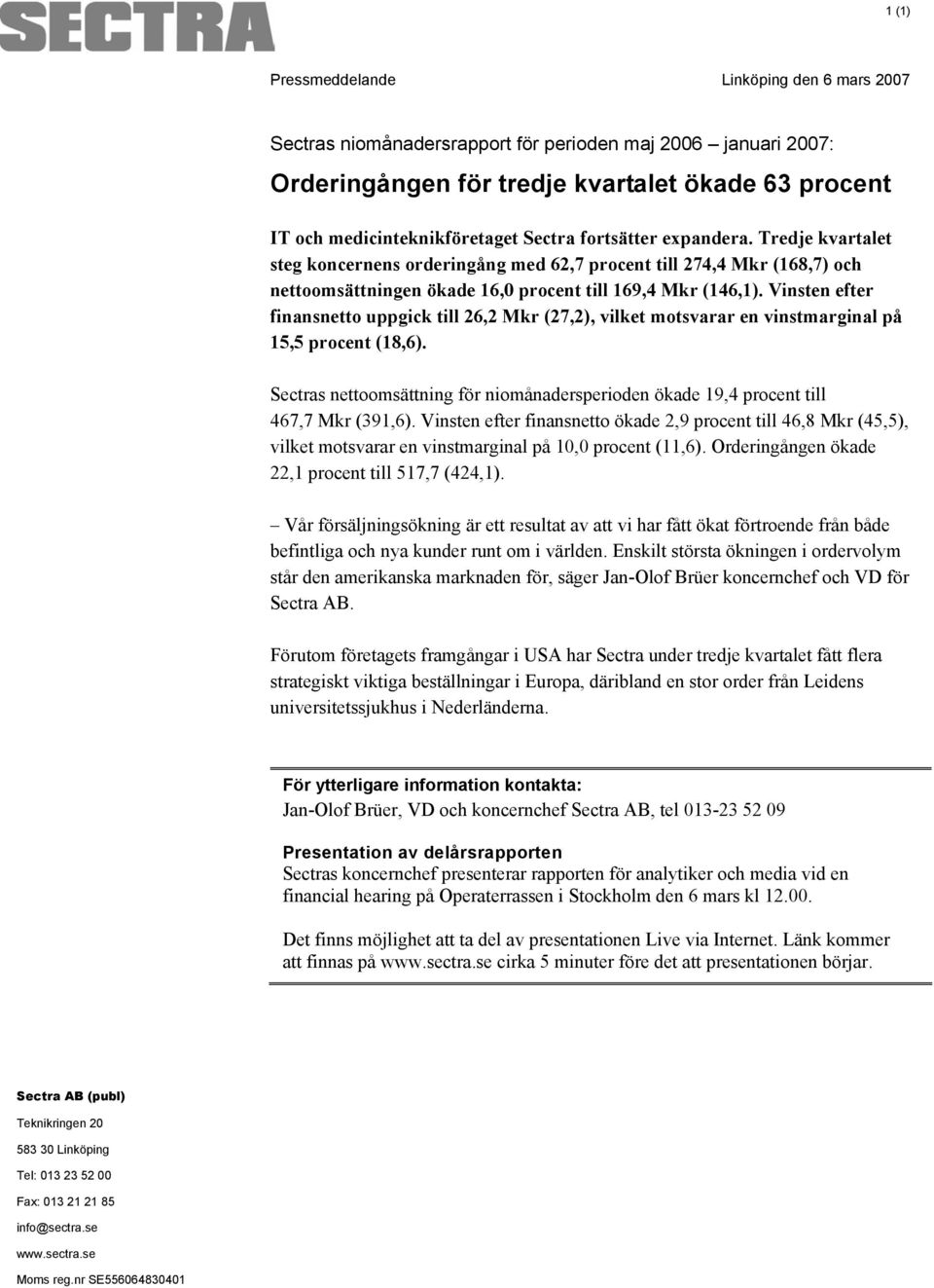 Vinsten efter finansnetto uppgick till 26,2 Mkr (27,2), vilket motsvarar en vinstmarginal på 15,5 procent (18,6).