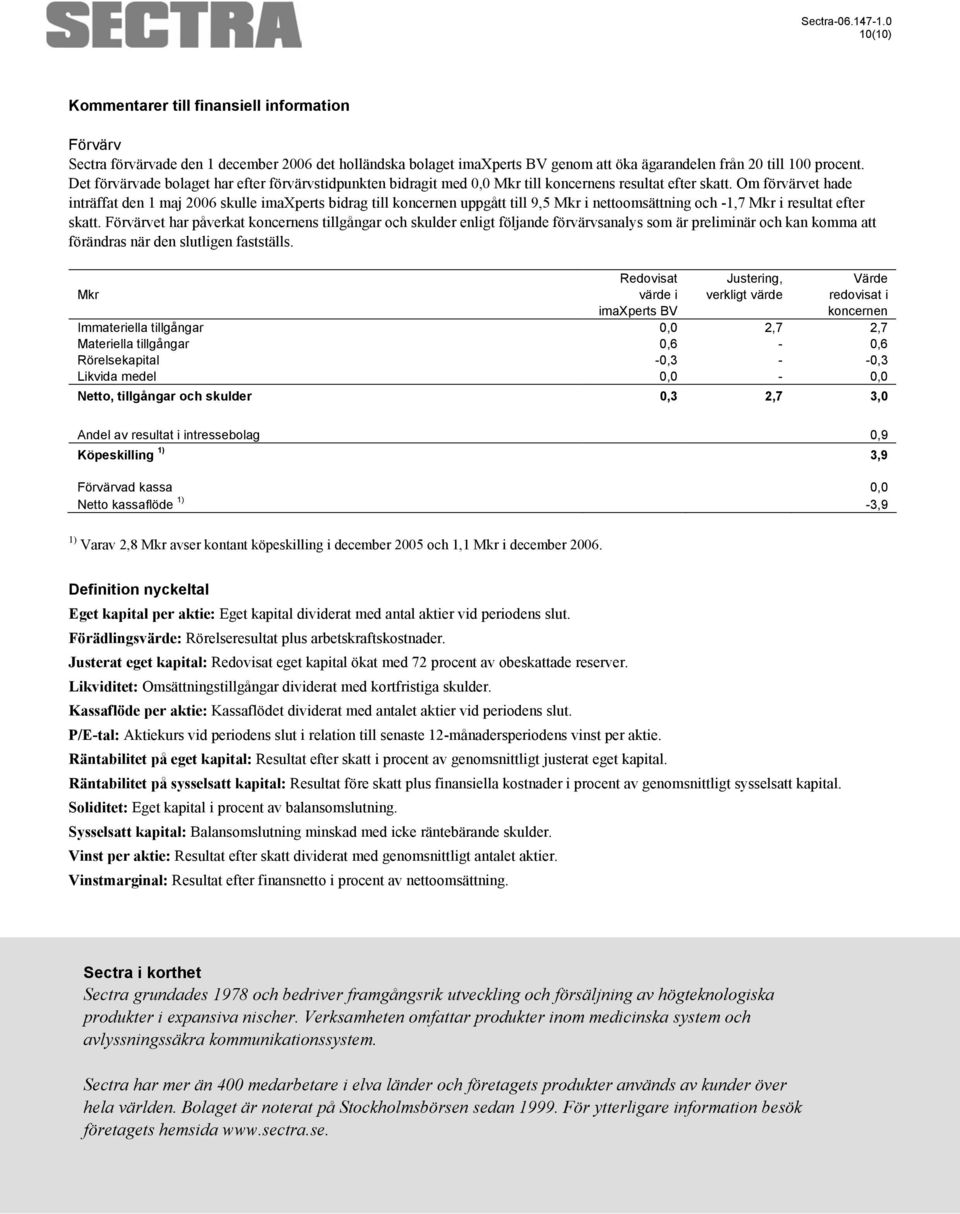 Om förvärvet hade inträffat den 1 maj 2006 skulle imaxperts bidrag till koncernen uppgått till 9,5 Mkr i nettoomsättning och -1,7 Mkr i resultat efter skatt.